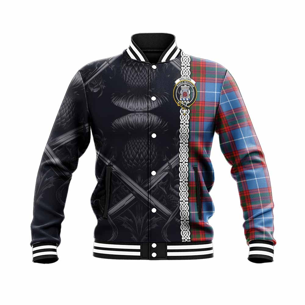 Spalding Tartan Baseball Jacket with Family Crest Cross Sword Thistle Celtic Vibes Unisex - Tartan Vibes Clothing
