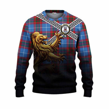 Spalding Crest Tartan Knitted Sweater with Golden Lion Emblem Celtic Style Unisex - Tartan Vibes Clothing