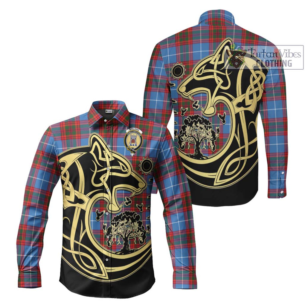 Spalding Tartan Long Sleeve Button Shirt with Family Crest Celtic Wolf Style Men's Shirt S - Tartan Vibes Clothing