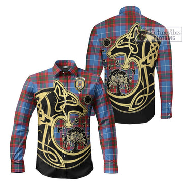Spalding Tartan Long Sleeve Button Shirt with Family Crest Celtic Wolf Style Men's Shirt S - Tartan Vibes Clothing
