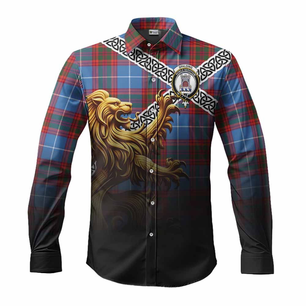 Spalding Crest Tartan Long Sleeve Button Shirt with Golden Lion Emblem Celtic Style Men's Shirt S - Tartan Vibes Clothing