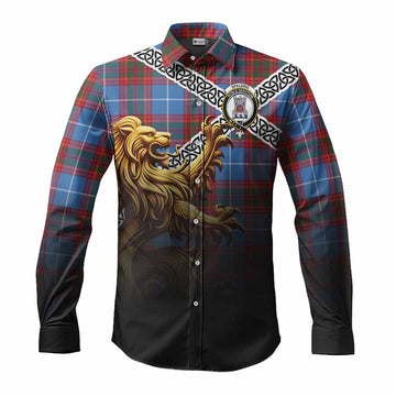 Spalding Crest Tartan Long Sleeve Button Shirt with Golden Lion Emblem Celtic Style Men's Shirt S - Tartan Vibes Clothing