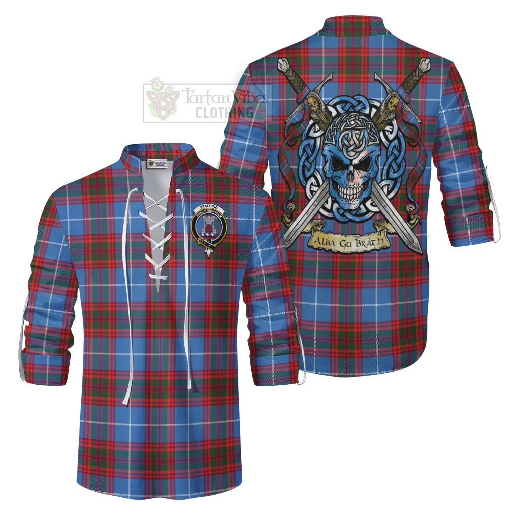 Spalding Tartan Ghillie Kilt Shirt with Family Crest Celtic Skull Style Men - Tartan Vibes Clothing