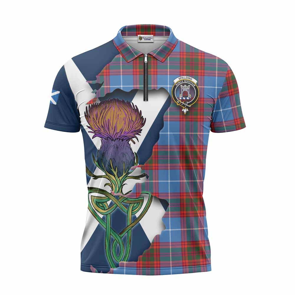 Tartan Vibes Clothing Spalding Tartan Family Crest Zipper Polo Shirt Scottish Thistle Celtic Inspired
