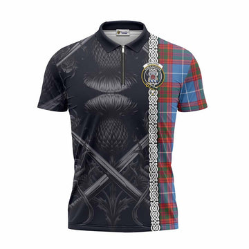Spalding Tartan Zipper Polo Shirt with Family Crest Cross Sword Thistle Celtic Vibes Unisex - Tartan Vibes Clothing
