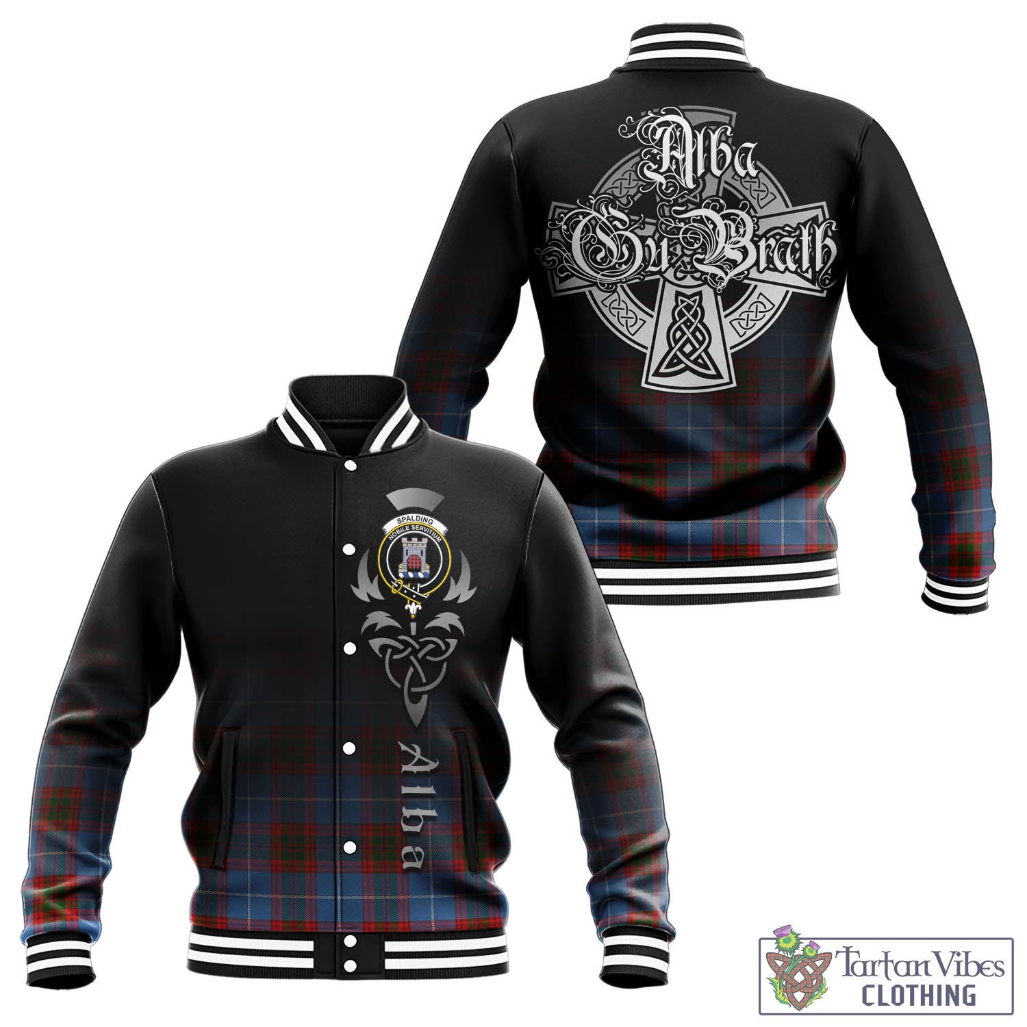 Spalding Tartan Baseball Jacket Featuring Alba Gu Brath Family Crest Celtic Inspired - Tartan Vibes Clothing