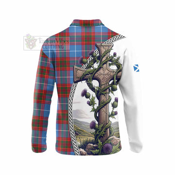 Spalding Tartan Long Sleeve Polo Shirt with Family Crest and St. Andrew's Cross Accented by Thistle Vines - Tartan Vibes Clothing