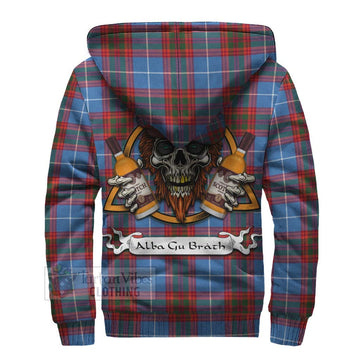Spalding Tartan Sherpa Hoodie with Family Crest and Bearded Skull Holding Bottles of Whiskey - Tartan Vibes Clothing