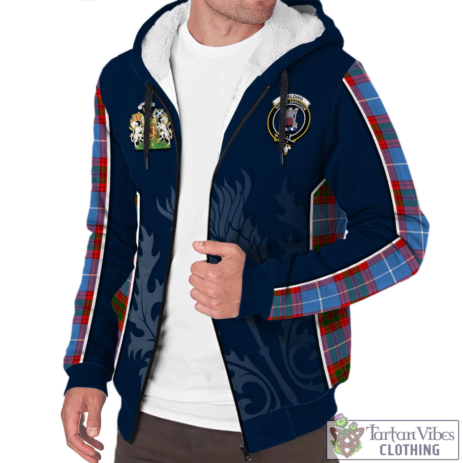 Tartan Vibes Clothing Spalding Tartan Sherpa Hoodie with Family Crest and Scottish Thistle Vibes Sport Style