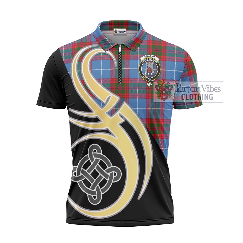 Spalding Tartan Zipper Polo Shirt with Family Crest and Celtic Symbol Style - Tartan Vibes Clothing