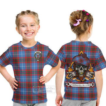 Spalding Tartan Kid T-Shirt with Family Crest and Bearded Skull Holding Bottles of Whiskey - Tartan Vibes Clothing