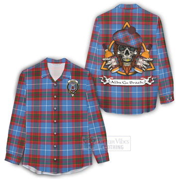 Spalding Tartan Women's Casual Shirt with Family Crest and Bearded Skull Holding Bottles of Whiskey - Tartan Vibes Clothing