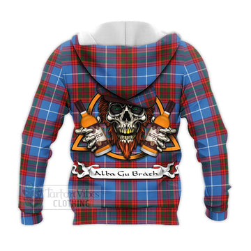 Spalding Tartan Knitted Hoodie with Family Crest and Bearded Skull Holding Bottles of Whiskey - Tartan Vibes Clothing