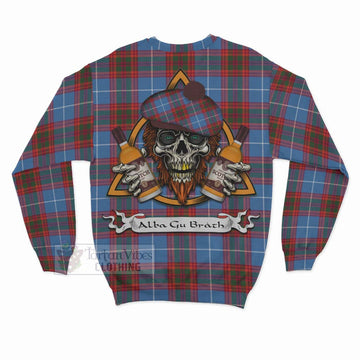 Spalding Tartan Sweatshirt with Family Crest and Bearded Skull Holding Bottles of Whiskey - Tartan Vibes Clothing