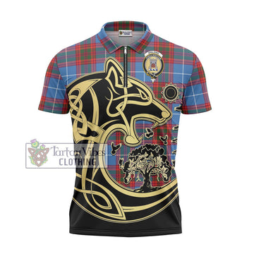 Spalding Tartan Zipper Polo Shirt with Family Crest Celtic Wolf Style - Tartan Vibes Clothing