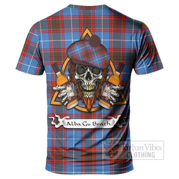 Spalding Tartan T-Shirt with Family Crest and Bearded Skull Holding Bottles of Whiskey - Tartan Vibes Clothing