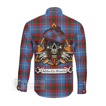 Spalding Tartan Long Sleeve Button Shirt with Family Crest and Bearded Skull Holding Bottles of Whiskey Men's Shirt - Tartan Vibes Clothing