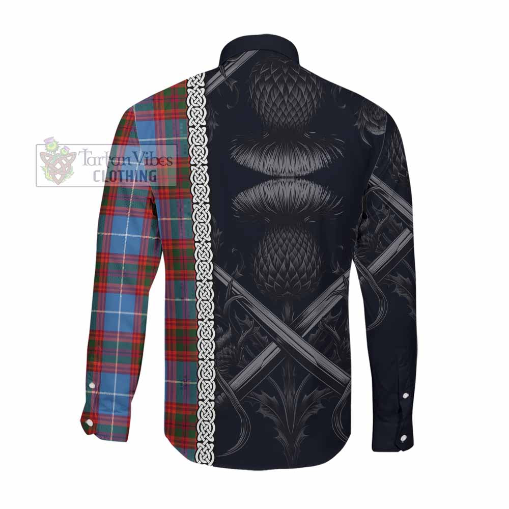 Tartan Vibes Clothing Spalding Tartan Long Sleeve Button Shirt with Family Crest Cross Sword Thistle Celtic Vibes