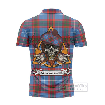 Spalding Tartan Zipper Polo Shirt with Family Crest and Bearded Skull Holding Bottles of Whiskey - Tartan Vibes Clothing