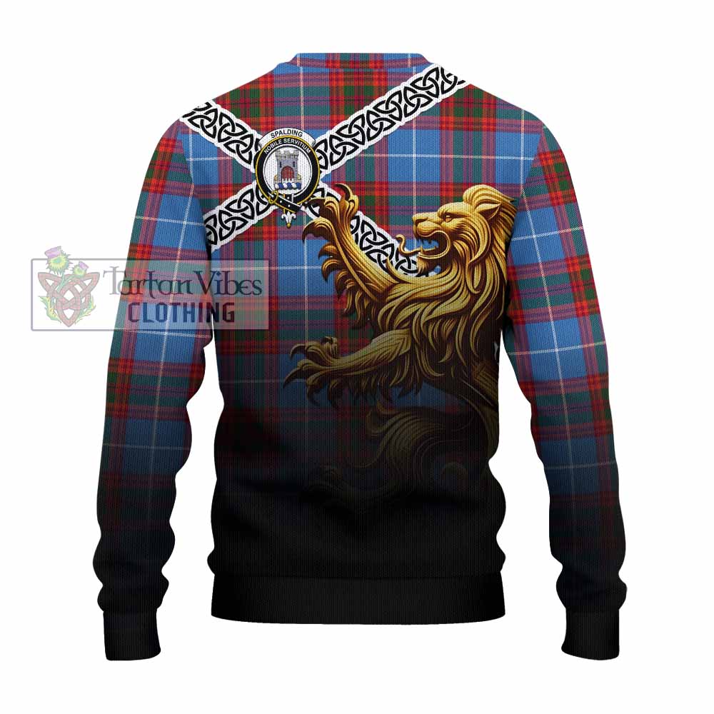 Spalding Crest Tartan Knitted Sweater with Golden Lion Emblem Celtic Style - Tartan Vibes Clothing
