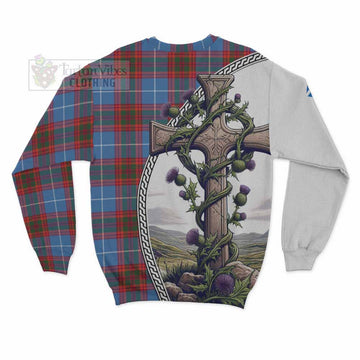 Spalding Tartan Sweatshirt with Family Crest and St. Andrew's Cross Accented by Thistle Vines - Tartan Vibes Clothing