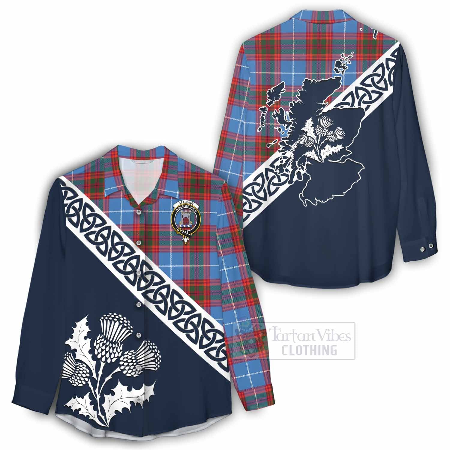 Spalding Tartan Women's Casual Shirt Featuring Thistle and Scotland Map - Tartan Vibes Clothing