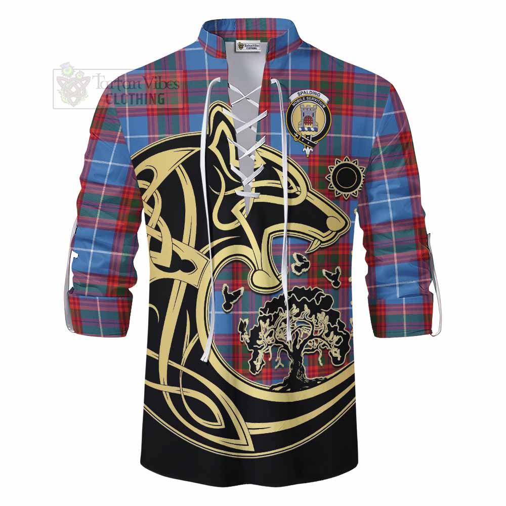 Spalding Tartan Ghillie Kilt Shirt with Family Crest Celtic Wolf Style - Tartan Vibes Clothing