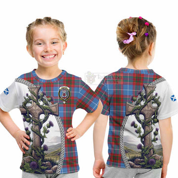 Spalding Tartan Kid T-Shirt with Family Crest and St. Andrew's Cross Accented by Thistle Vines - Tartan Vibes Clothing