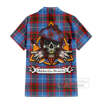 Spalding Tartan Hawaiian Shirt with Family Crest and Bearded Skull Holding Bottles of Whiskey - Tartan Vibes Clothing