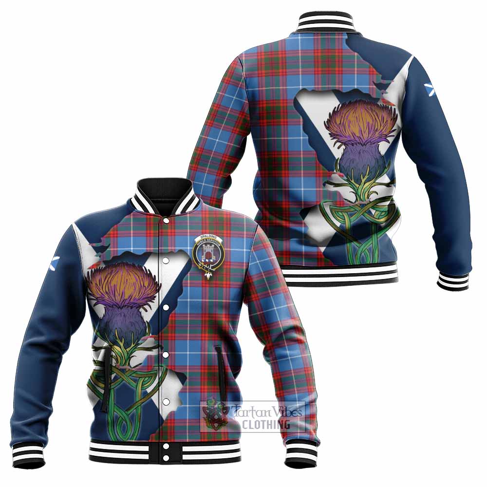 Tartan Vibes Clothing Spalding Tartan Family Crest Baseball Jacket Scottish Thistle Celtic Inspired