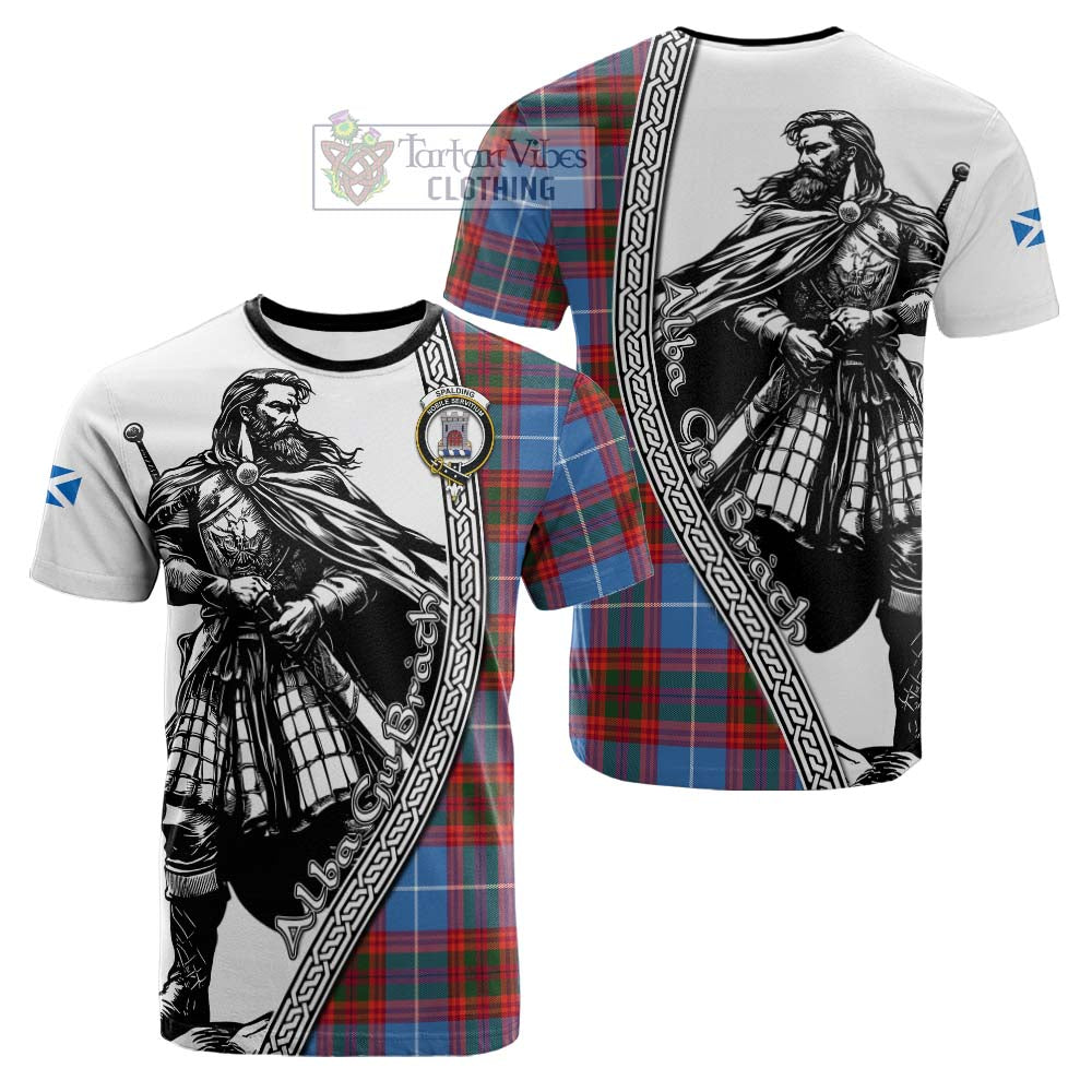 Spalding Tartan Clan Crest Cotton T-shirt with Highlander Warrior Celtic Style