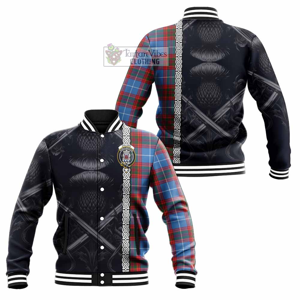 Spalding Tartan Baseball Jacket with Family Crest Cross Sword Thistle Celtic Vibes - Tartan Vibes Clothing
