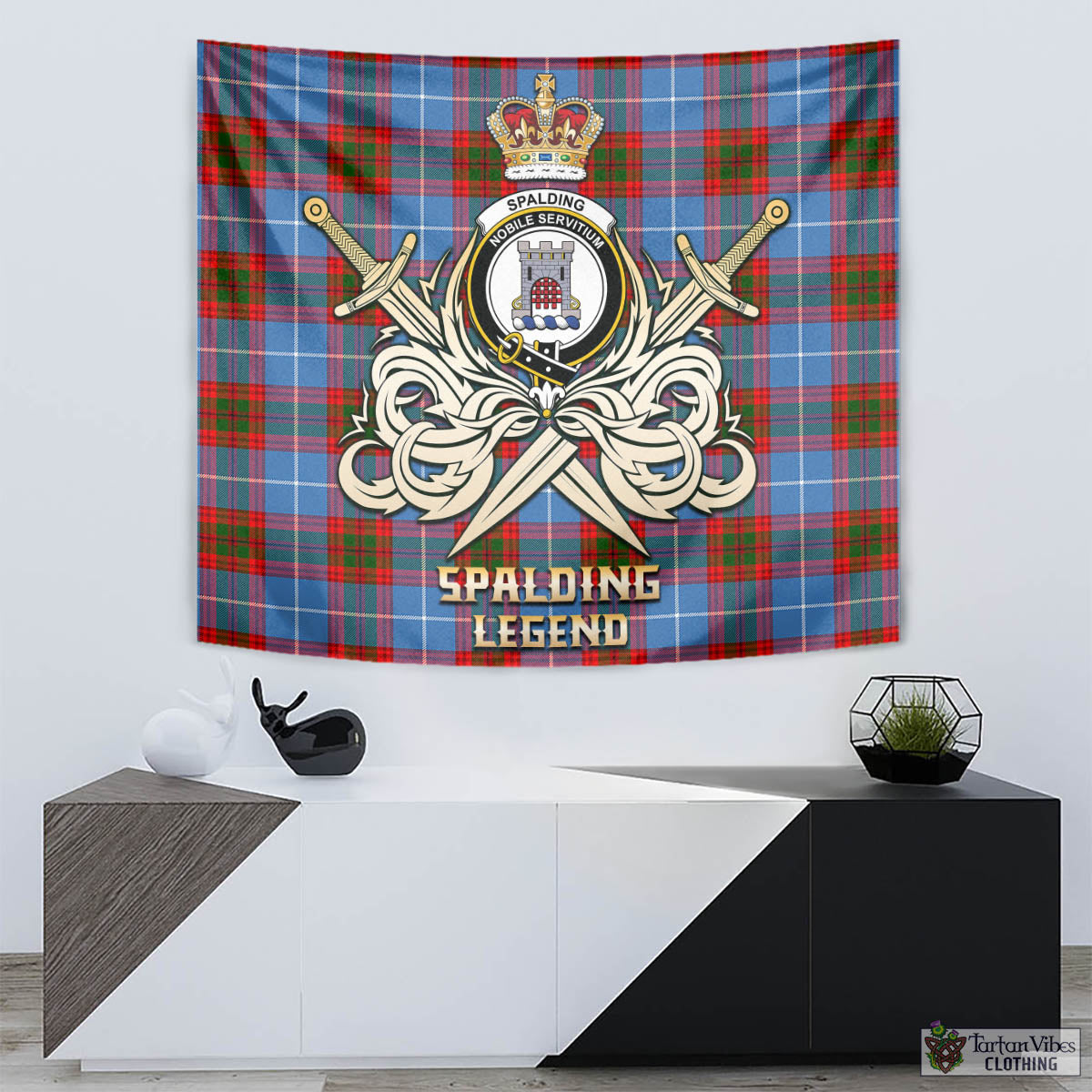 Tartan Vibes Clothing Spalding Tartan Tapestry with Clan Crest and the Golden Sword of Courageous Legacy