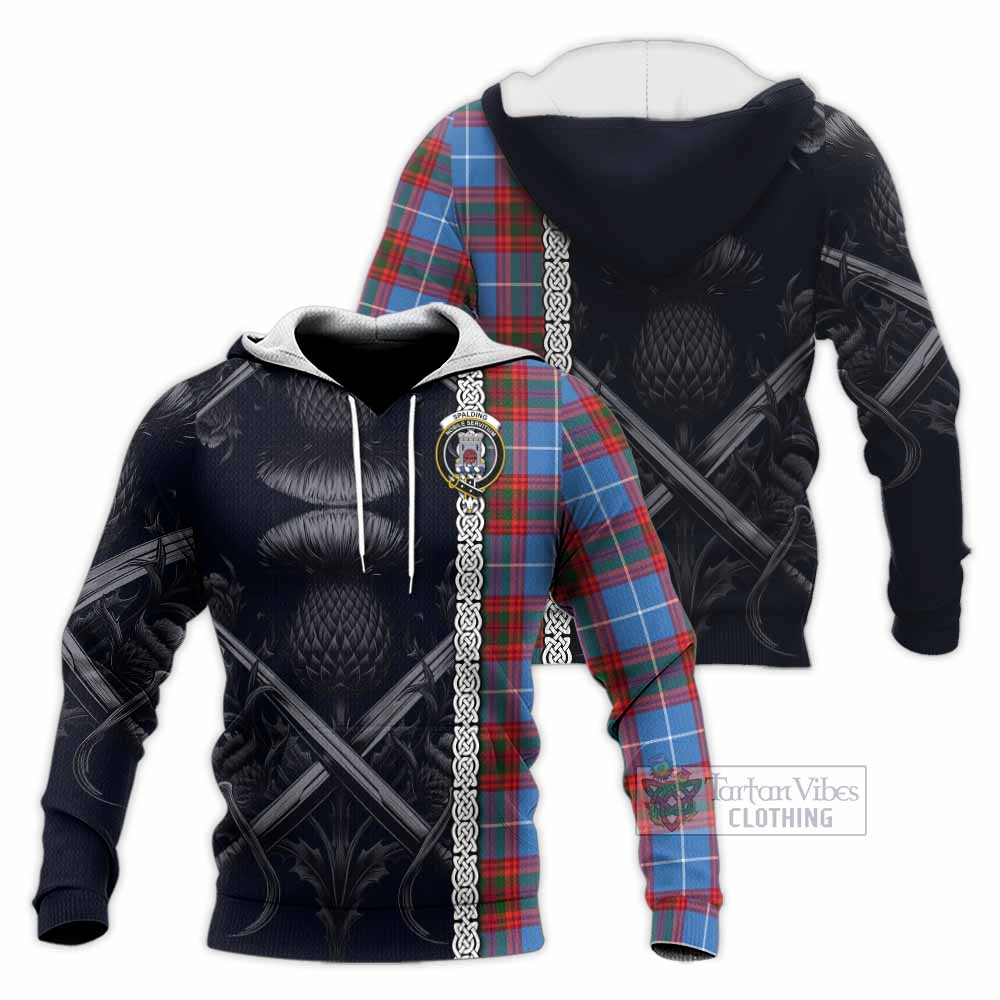 Spalding Tartan Knitted Hoodie with Family Crest Cross Sword Thistle Celtic Vibes - Tartan Vibes Clothing