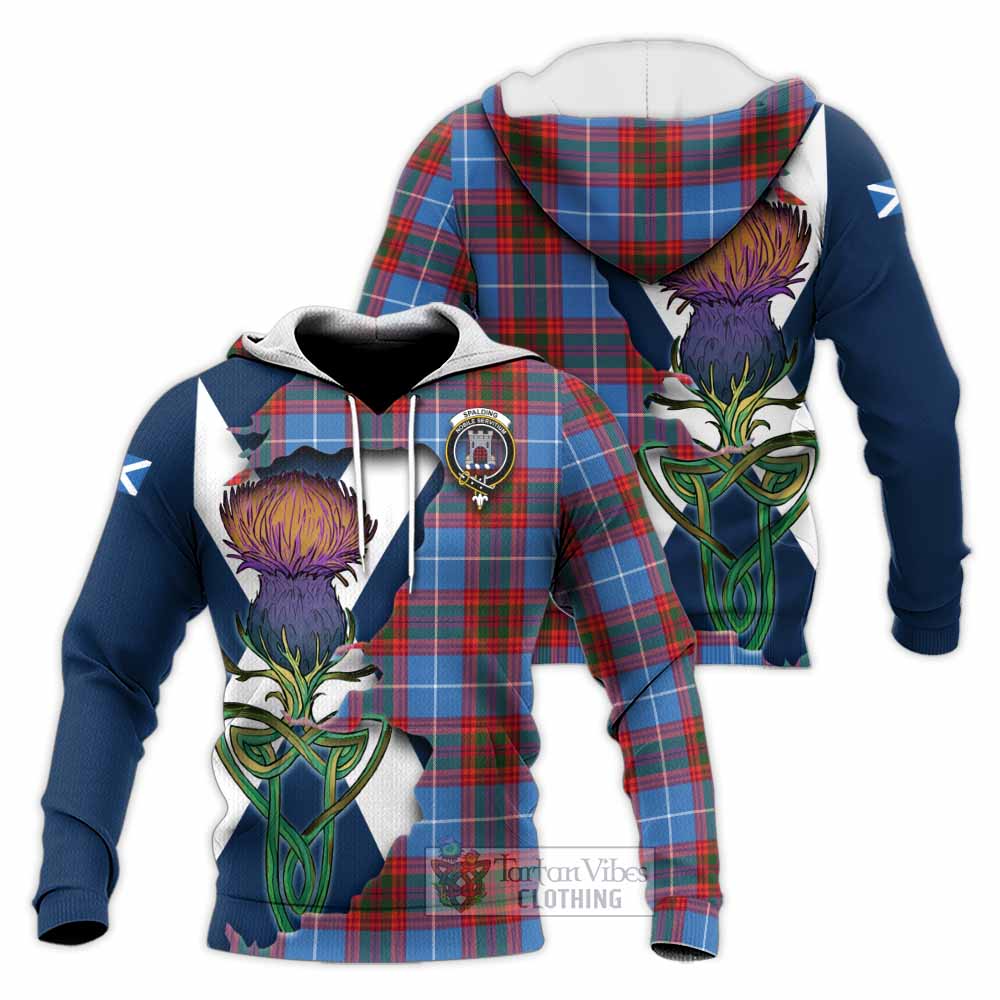 Tartan Vibes Clothing Spalding Tartan Family Crest Knitted Hoodie Scottish Thistle Celtic Inspired