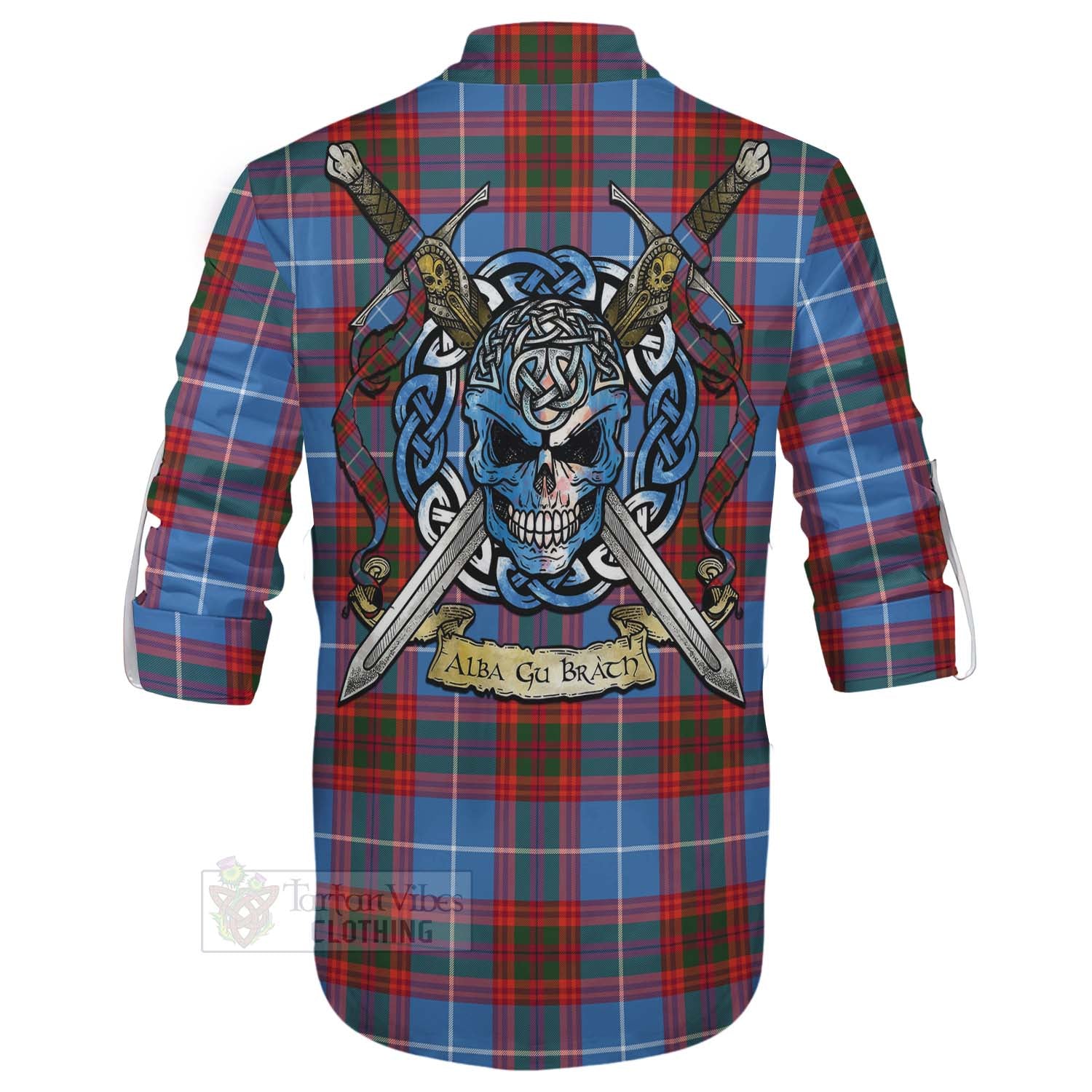 Spalding Tartan Ghillie Kilt Shirt with Family Crest Celtic Skull Style - Tartan Vibes Clothing