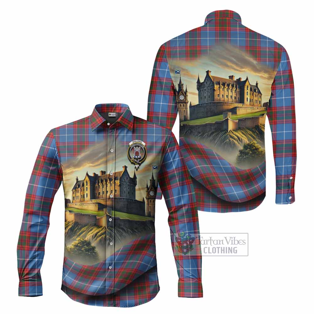 Tartan Vibes Clothing Spalding Tartan Family Crest Long Sleeve Button Shirt with Scottish Ancient Castle Style