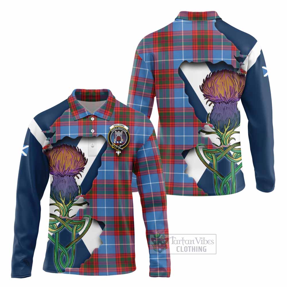 Tartan Vibes Clothing Spalding Tartan Family Crest Long Sleeve Polo Shirt Scottish Thistle Celtic Inspired