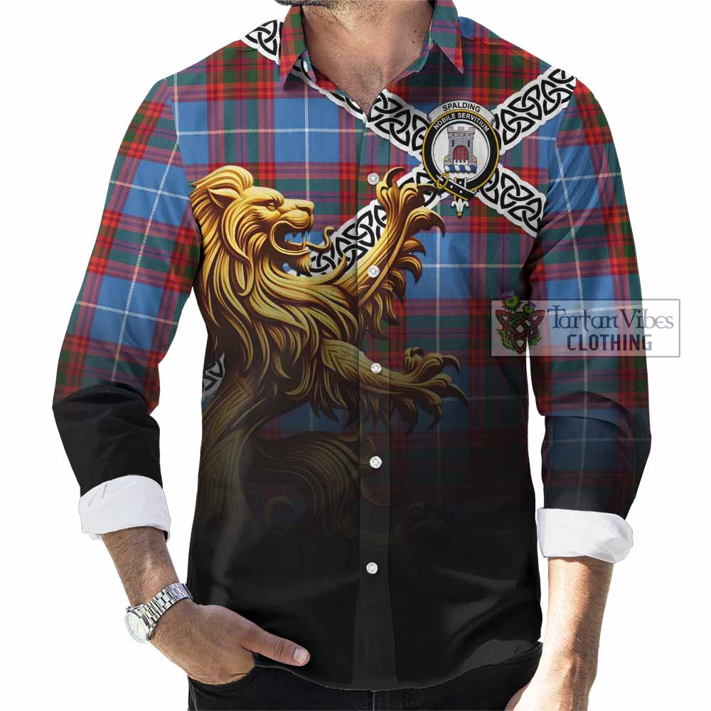 Spalding Crest Tartan Long Sleeve Button Shirt with Golden Lion Emblem Celtic Style - Tartan Vibes Clothing