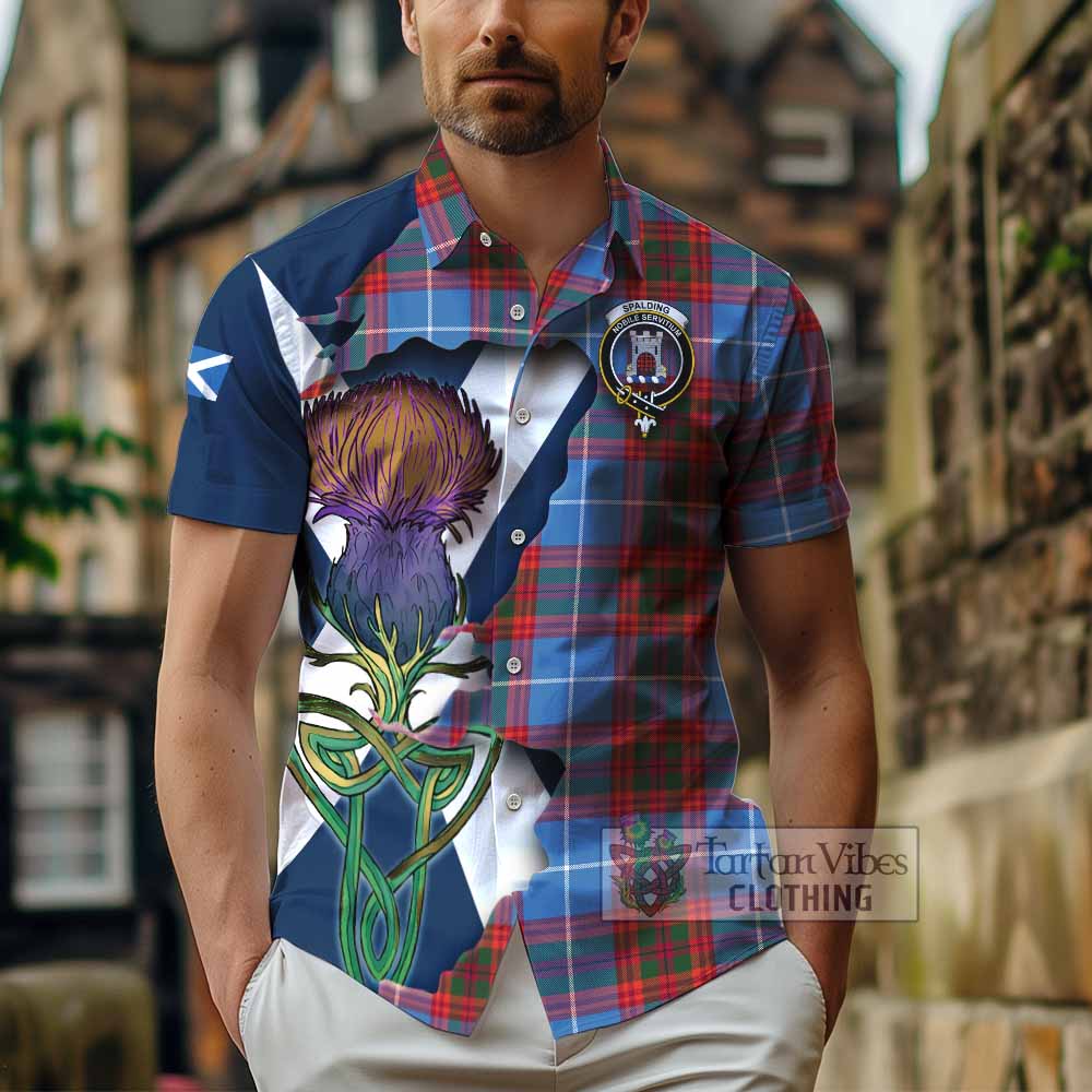 Tartan Vibes Clothing Spalding Tartan Family Crest Short Sleeve Button Shirt Scottish Thistle Celtic Inspired