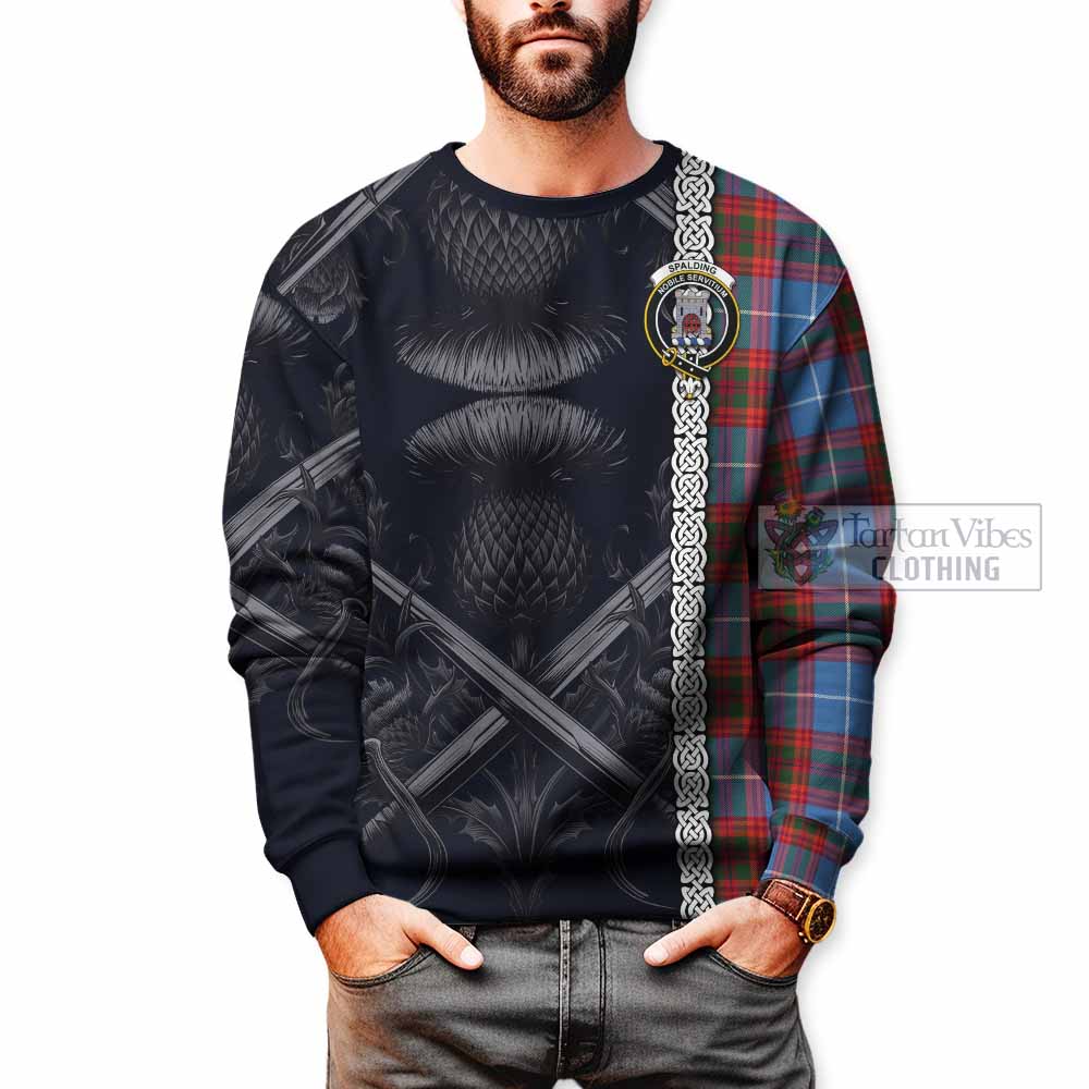 Spalding Tartan Sweatshirt with Family Crest Cross Sword Thistle Celtic Vibes - Tartan Vibes Clothing