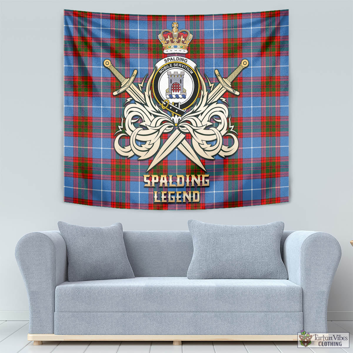 Tartan Vibes Clothing Spalding Tartan Tapestry with Clan Crest and the Golden Sword of Courageous Legacy