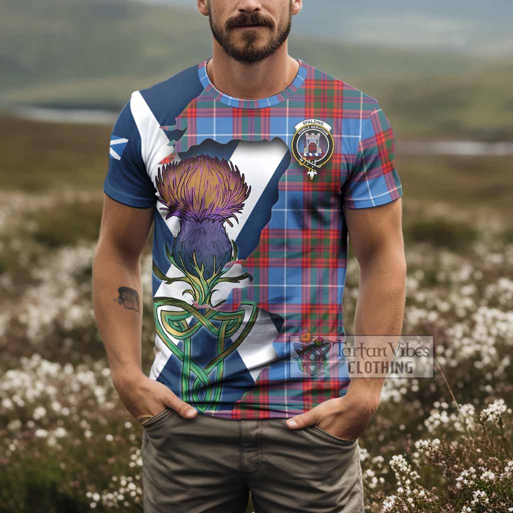 Tartan Vibes Clothing Spalding Tartan Family Crest T-Shirt Scottish Thistle Celtic Inspired