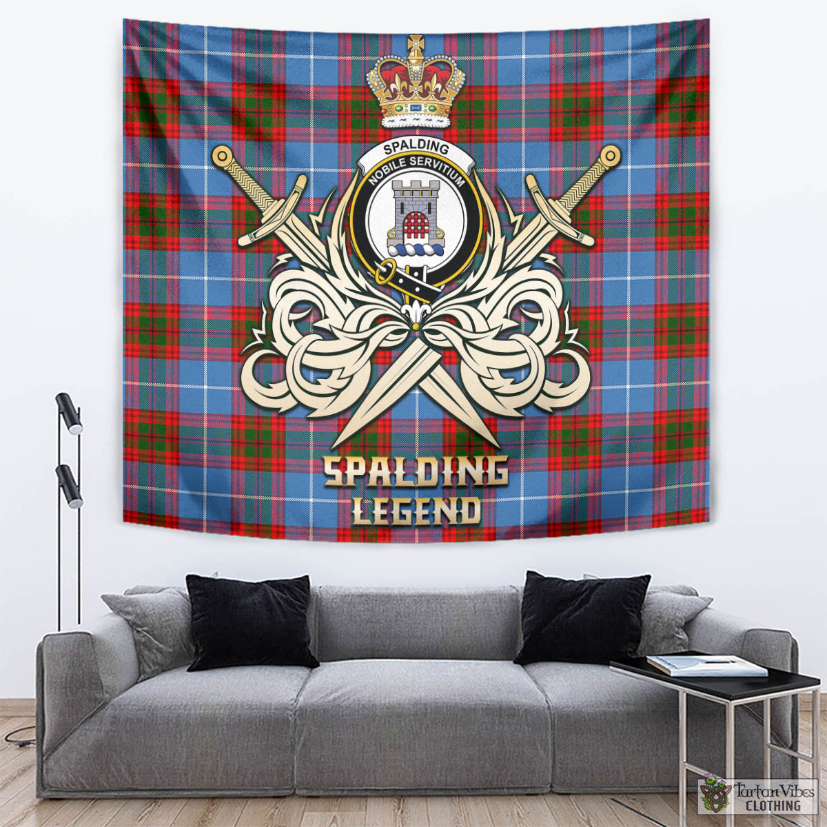 Tartan Vibes Clothing Spalding Tartan Tapestry with Clan Crest and the Golden Sword of Courageous Legacy