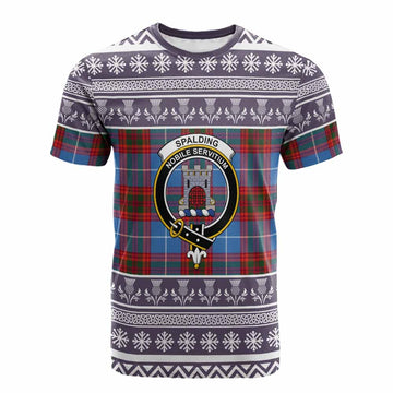 Spalding Clan Tartan Christmas Cotton T-shirt with Family Crest