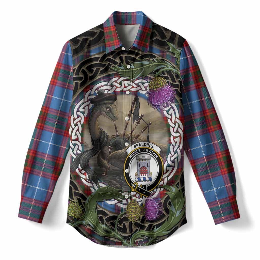 Spalding Tartan Crest Bagpipe Nessie Women Casual Shirt Scottish Loch Ness Monster Celtic Thistle