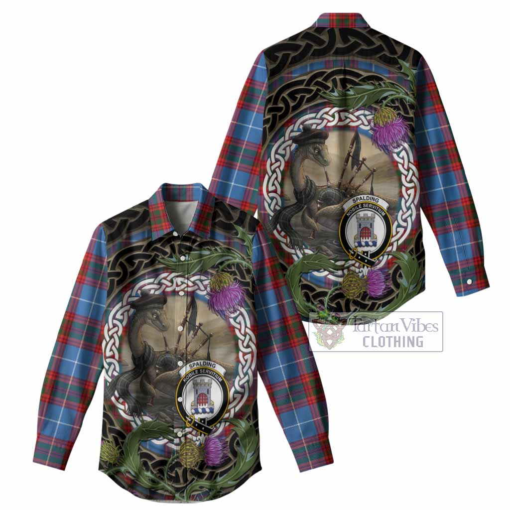 Spalding Tartan Crest Bagpipe Nessie Women Casual Shirt Scottish Loch Ness Monster Celtic Thistle