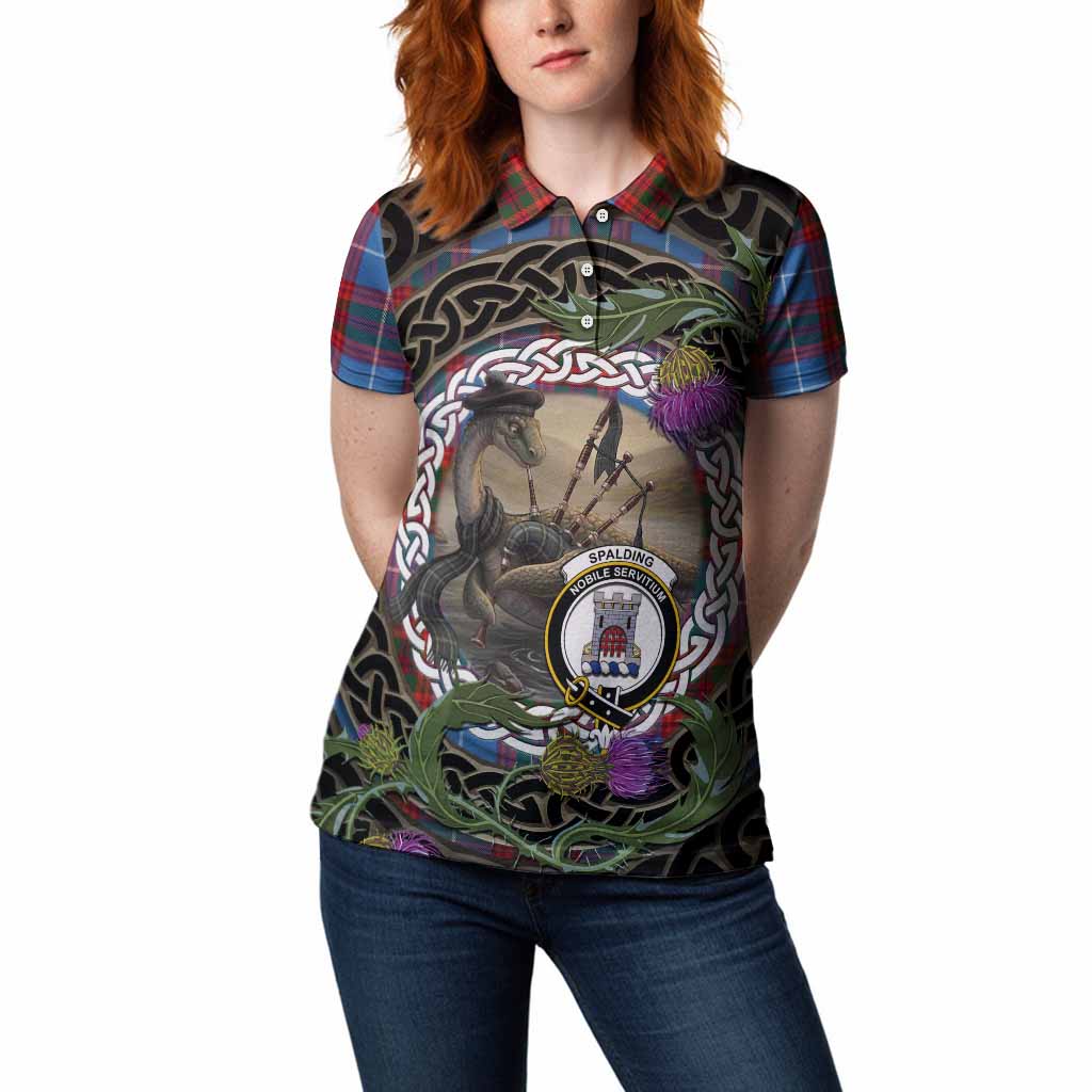 Spalding Tartan Crest Bagpipe Nessie Women Polo Shirt Scottish Loch Ness Monster Celtic Thistle