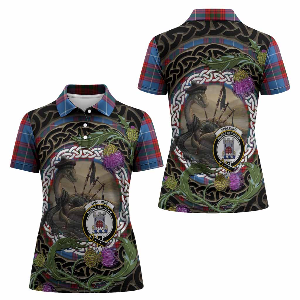 Spalding Tartan Crest Bagpipe Nessie Women Polo Shirt Scottish Loch Ness Monster Celtic Thistle