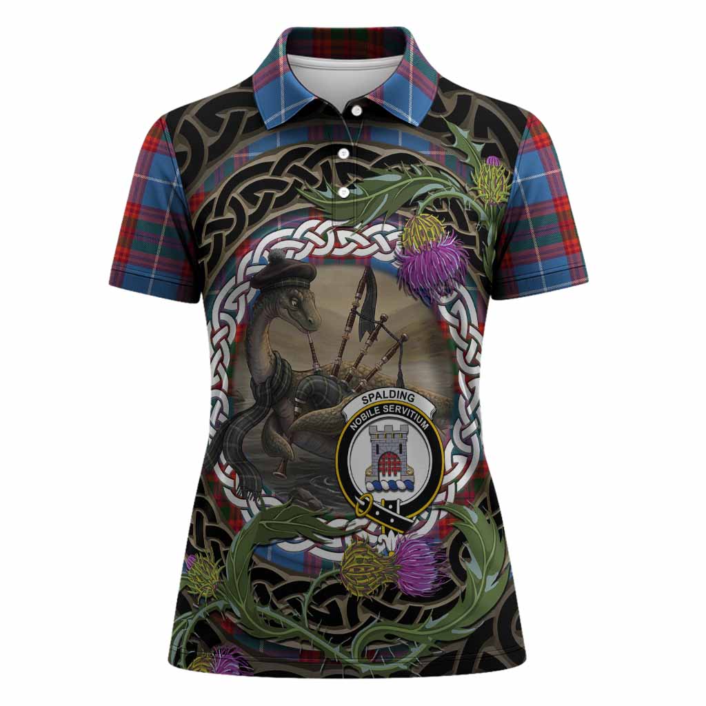 Spalding Tartan Crest Bagpipe Nessie Women Polo Shirt Scottish Loch Ness Monster Celtic Thistle